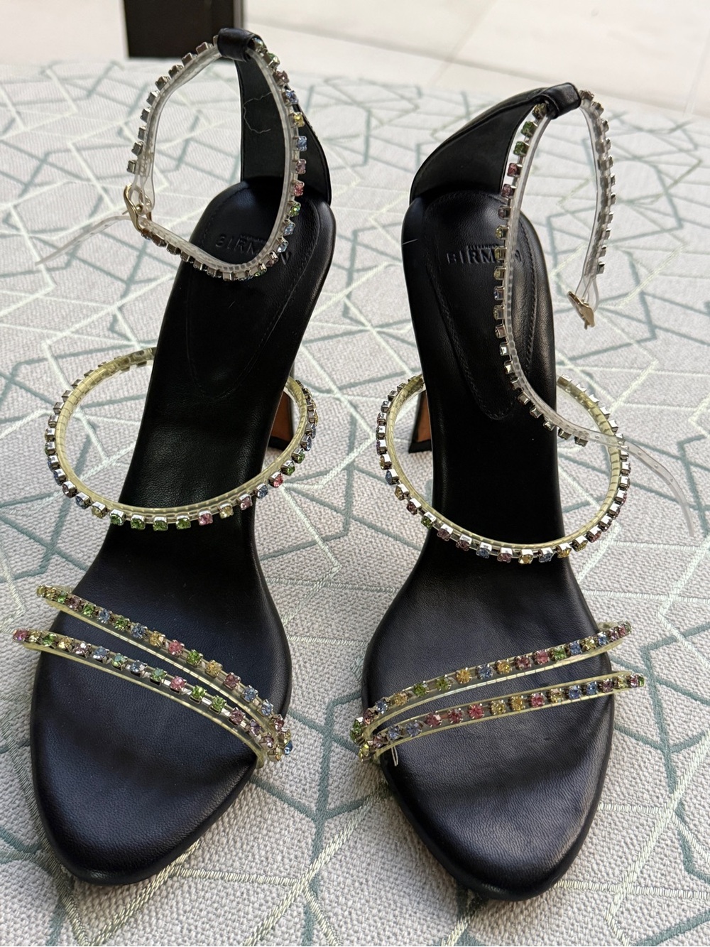 Alexandre Birman Black Heeled Sandals with Multicolor Crystal Straps